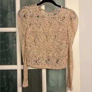 Embellished blush top with lace sleeves